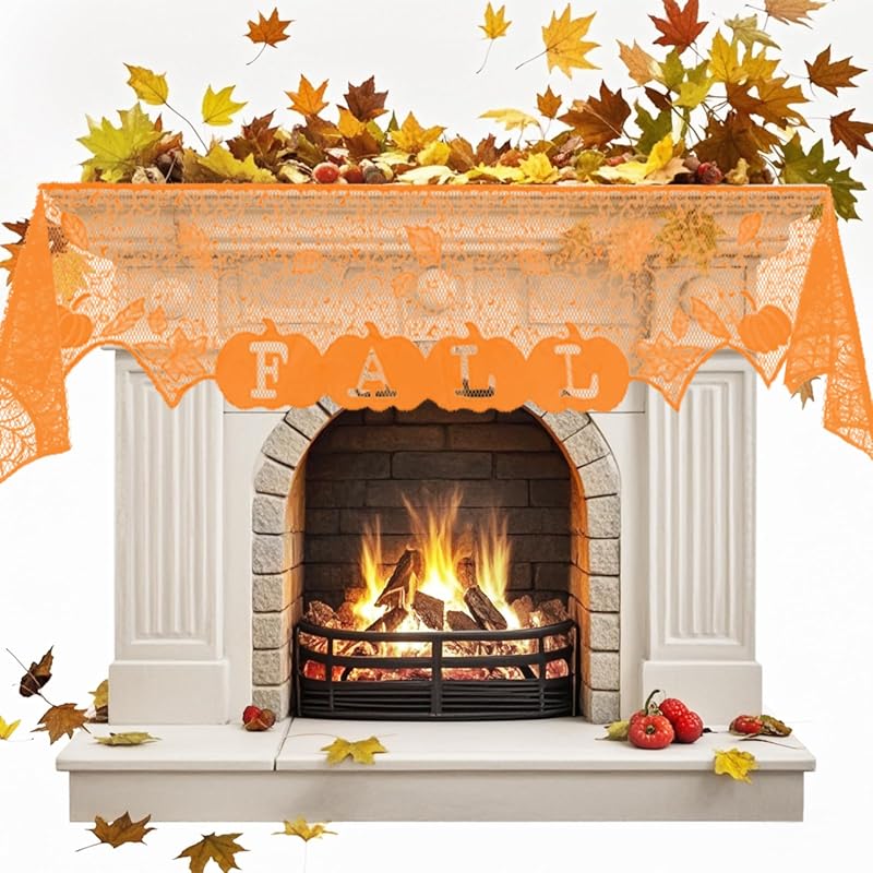 Orange Fall Lace Fireplace Mantel Scarf