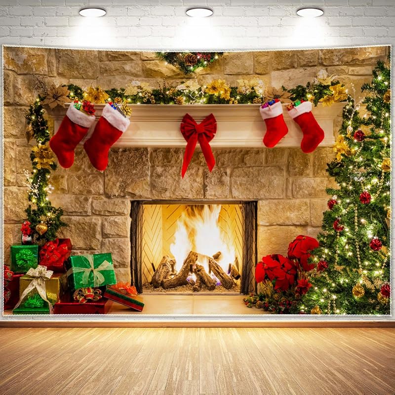 Christmas Fireplace Photography Backdrop
