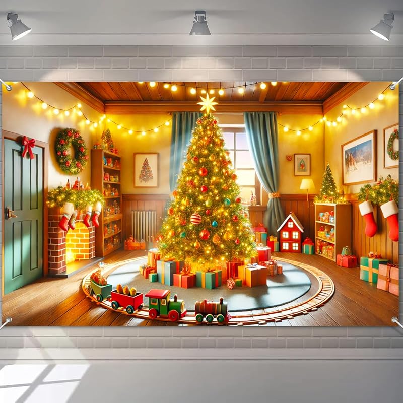 BlissYard 71x43 Inch Christmas Fireplace Backdrop Featuring Festive St