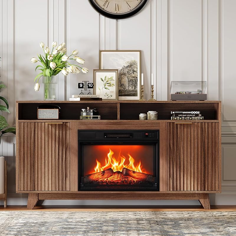 VINGLI Fluted Fireplace TV Stand